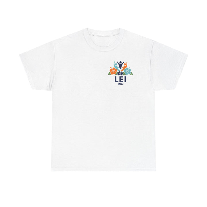 Unisex Heavy Cotton Tee with LEI Inc floral logo – White
